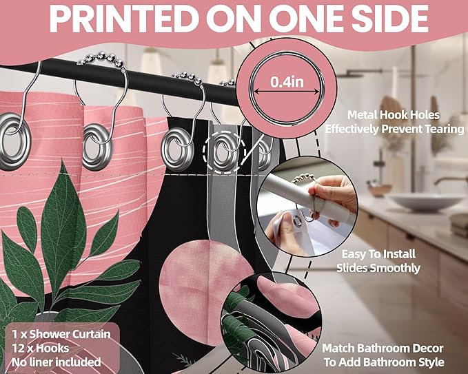 Black and Pink Shower Curtain Boho Mid Century Dark Pink and Grey and Green Shower Curtains for Bathroom Decor, Waterproof Cloth Fabric with Hooks, 70" W x 72" L