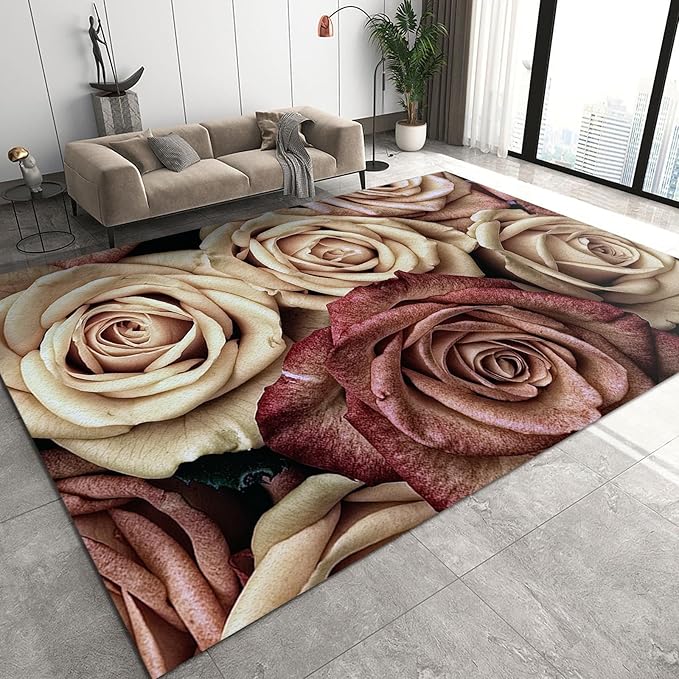 5x7 Area Rug Vintage Pink Dried Flower Roses Easy Clean Rug, Vintage Rose Flower Soft Non-Skid Carpet Throw Rugs for Kids Teen Girls Boys BedroomLiving Room Bathroom Classroom Office