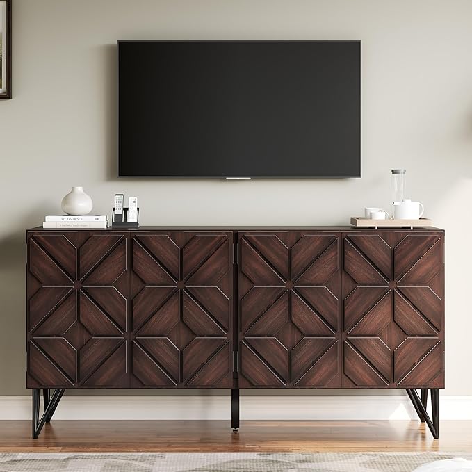 AMERLIFE 63” Solid Acacia Wood Sideboard Buffet Cabinet, Hand-Carved Geometric Door Console with Adjustable Shelves for Hallway, Living Room or Kitchen, Dark Walnut