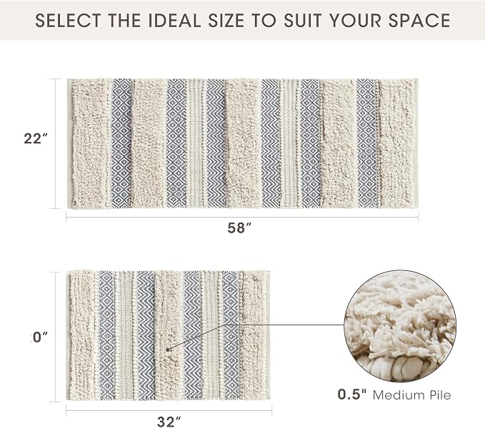 Ink+Ivy Bath Rug Hand-Woven Texture Shaggy Striped Soft & Water Absorbent, Boho Bathroom Décor Bath-Mats, Non-Slip Absorbent Quick Dry Mats for Tub, Shower Room, Asher, 22x58 Grey