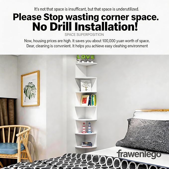 No-Drill Corner Shelf Wall Mount, 7-Tier Floating Corner Bookshelf with Hooks, Space-Saving Zigzag Plant Shelf for Bedroom, Living Room, Bathroom, Home Office