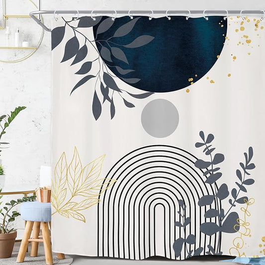 Riyidecor Extra Wide Boho Navy Blue Shower Curtain for Bathroom Decor 72Wx78H Gold Eucalyptus Plants Abstract Boho Modern Mid Century Art Printed Fabric Polyester Waterproof 12 Pack Plastic Hooks