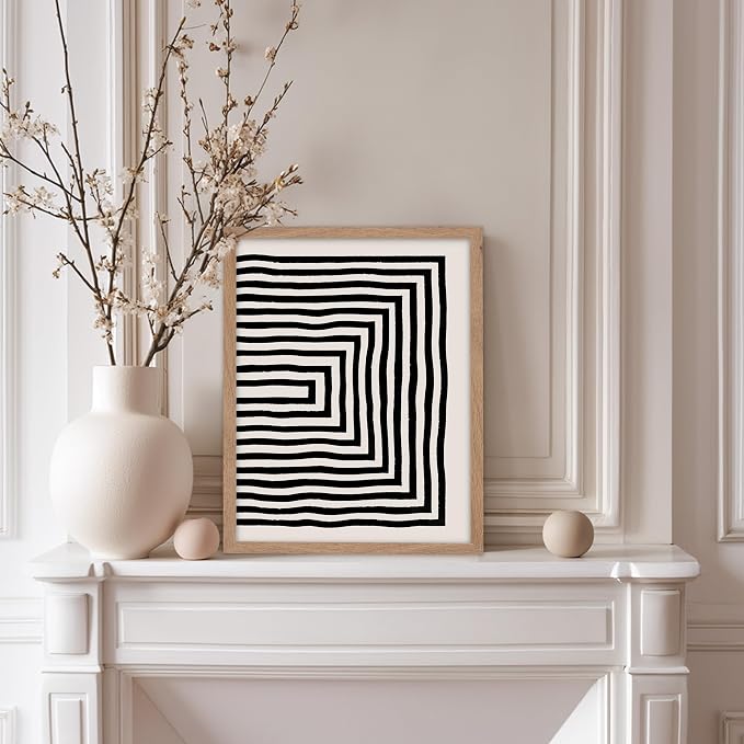 Poster Master Japanese Ink Poster - Rectangle Tunnel Print - Geometric Illustration - Abstract Illustration - Line Artwork - Mid Century Modern Art - Minimal Living Room Design - 8x10 Beige Framed