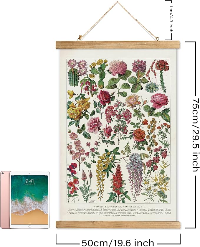 XIAOAIKA Vintage Wildflower Hanging Poster with Wooden Frame, Retro Style Wall Decor Art Painting, Patterns Printed on Linen Without Fading, Ready to Hang (20 x 30)