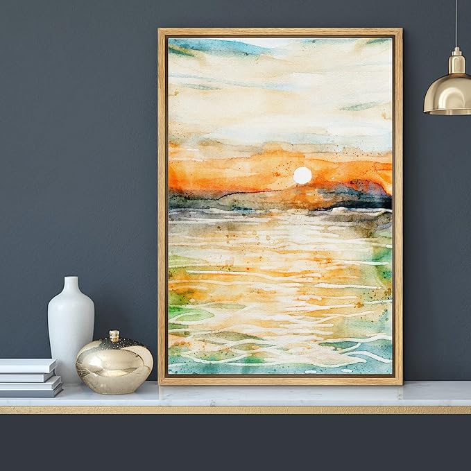MUDECOR Framed Canvas Print Wall Art Watercolor Explosion Sunset Ocean Abstract Shapes Illustrations Modern Decorative Multicolor Relax/Calm for Living Room, Bedroom, Office - 24"x36" Natural