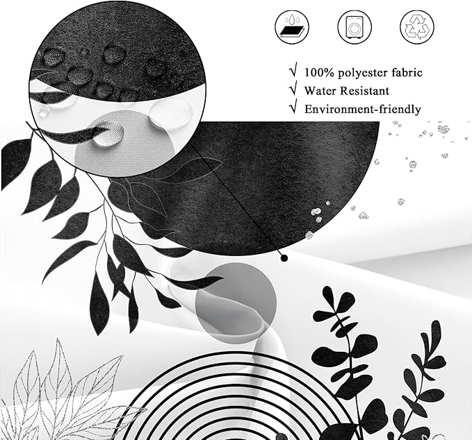 Riyidecor Black White Silver Boho Modern Shower Curtain for Bathroom Decor 72Wx72H Mid Century Bohemian Eucalyptus Leaves Abstract Arch Art Printed Fabric Polyester Waterproof 12 Pack Plastic Hooks
