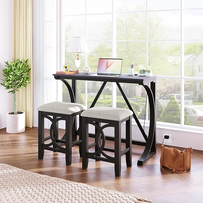 VilroCaz Farmhouse 3-Piece Counter Height Dining Table Set with USB Port and 2 Upholstered Stools, Rustic Dining Set Bar Set for Dining Room Kitchen (Espresso-R)