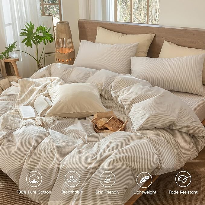 MooMee Striped Duvet Cover Set 100% Washed Cotton Linen Like Textured Breathable Durable Soft Comfy (Tannish Linen Grey White Pinstripes, Queen 90"x90")