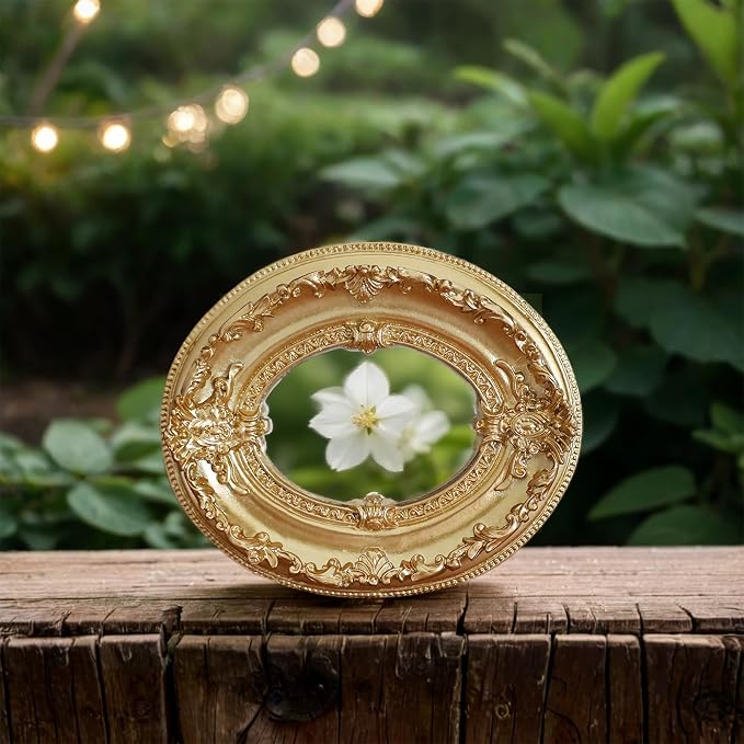 Golden Mini Vintage Mirror with Exquisite Relief Elegant Wall Decor for Bedroom Dresser Table Compact Resin Retro Design (Golden Oval, 4.7 X5.5)