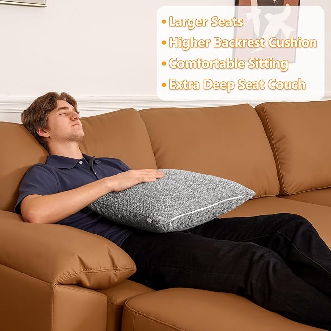 EASE MOOSE Deep Seat Sectional Couch, Scratch Resistant Faux Leather Material, 3-Seat Oversized Modular Sofa for Living Room,Modern Comfy Sofas for Small Spaces, Brown