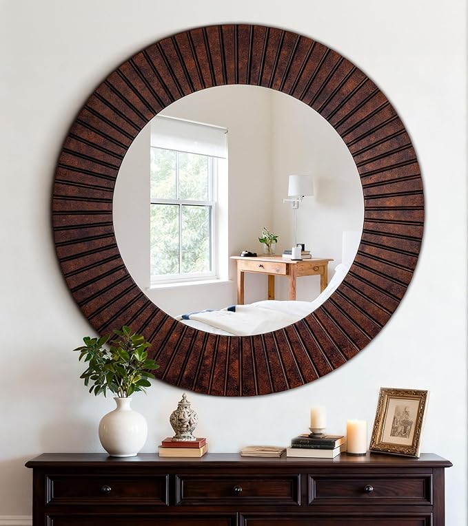 Chende 42'' Large Circle Mirror with Wood Frame, Decorative Mirror for Living Room, Farmhouse Bathroom Mirrors with Bronze Groove Finish for Entryway, Bedroom