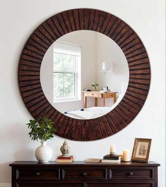 Chende 42'' Large Circle Mirror with Wood Frame, Decorative Mirror for Living Room, Farmhouse Bathroom Mirrors with Bronze Groove Finish for Entryway, Bedroom