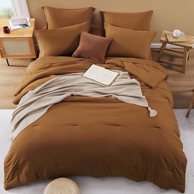 WRENSONGE Queen Comforter Set- 7 Pieces Terracotta Bed in a Bag Queen with Fitted Sheet, Flat Sheet, 2 Shams, and 2 Pillowcases- Warm Bedding Sets for All Season