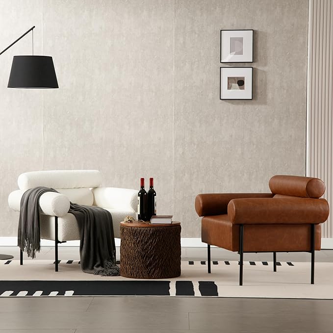 Modern Accent Chairs Set of 2, Boucle Sofa Accent Chairs for Living Room, Oversized Upholstered Sherpa Mid-Century Office Reading Armchairs with Channel Tufted for Bedroom, White