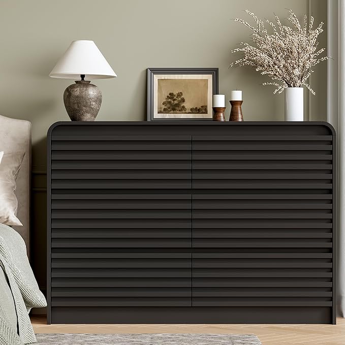 Fluted 6 Drawer Dresser for Bedroom, 47" Wide Wood Chests of Drawers with Curved Profile, Mid Century Modern Dresser with Large Storage & Hidden Handle for Living Room, Hallway, Black