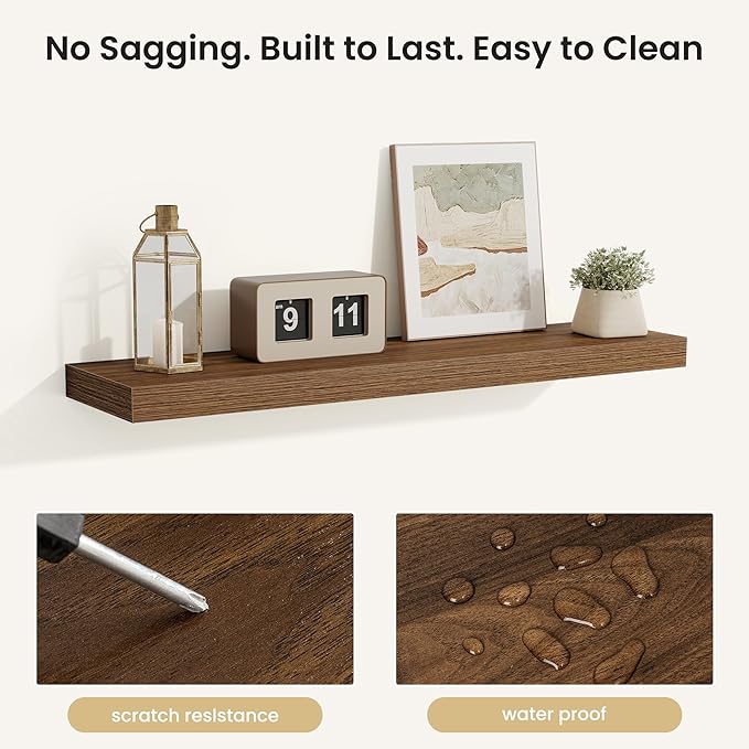 Fun Memories Rustic Wood Floating Shelves for Wall, Space-Saving Wall Mounted Shelves for Bathroom, Bedroom, Living Room and Kitchen, Stylish Storage & Display (Set of 2, Walnut, 32 in)