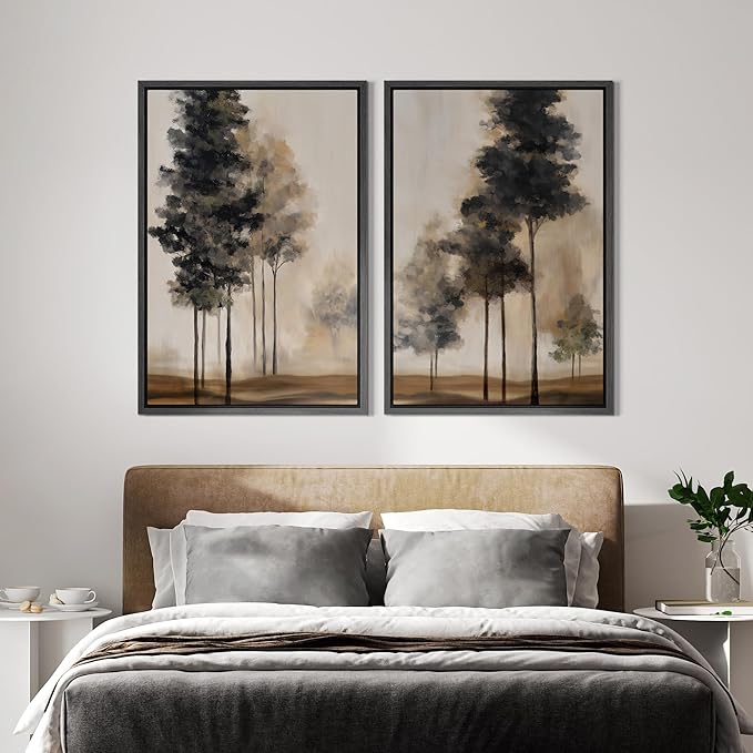 IDEA4WALL Framed Canvas Print Wall Art Set Misty Forest Tree Landscape Neutral Brown and Black Illustrations Modern Art Decorative Calm/Zen for Living Room, Bedroom, Office - 24"x36"x2 Black