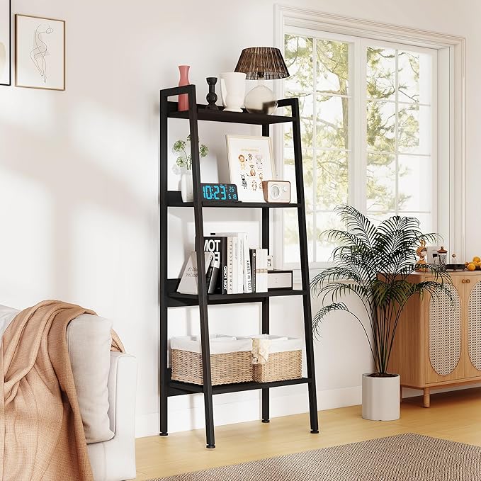 Ladder Shelf, 4 Tier Ladder Shelf, 22” Wide Tower Storage Shelf for Books, Anti Tip Feature, Steel Frame, Perfect for Bookshelf, Plants, Kitchen, Living Room, Office, Dark Gray