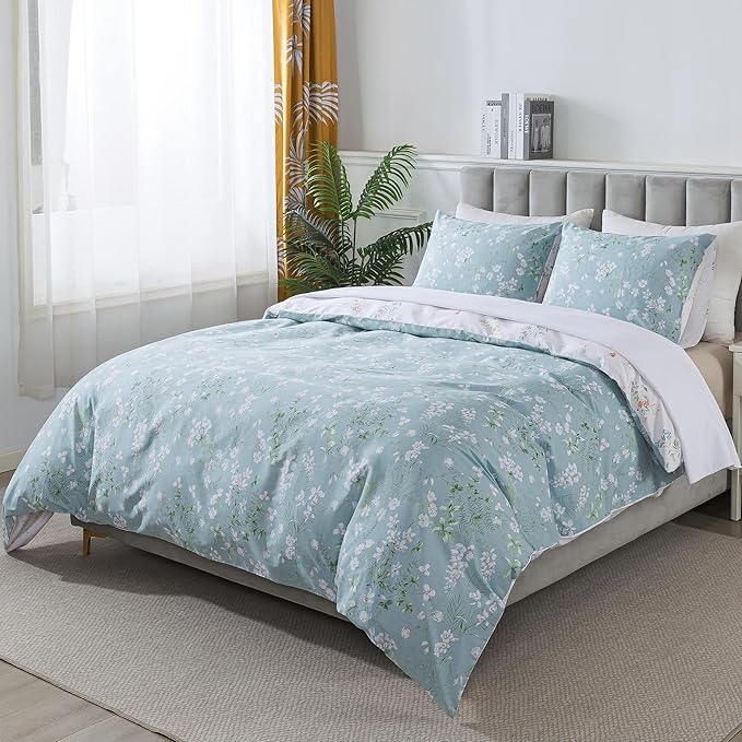 HoneiLife Wildflower Duvet Cover King - 100% Cotton Comforter Cover Sets, Botanical Duvet Cover Sets 3-PC, Floral Bedlinen Set with Zipper Closure & Corner Ties