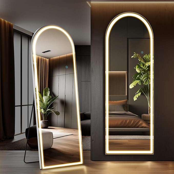 OLIXIS 20"x 63" Arched LED Full Length Mirror with Lights, Standing Lighted Floor Full Body Mirror with 3 Color Lighting, Wall Mounted Mirrors for Bedroom, Bathroom, Entryway with Tempered Glass