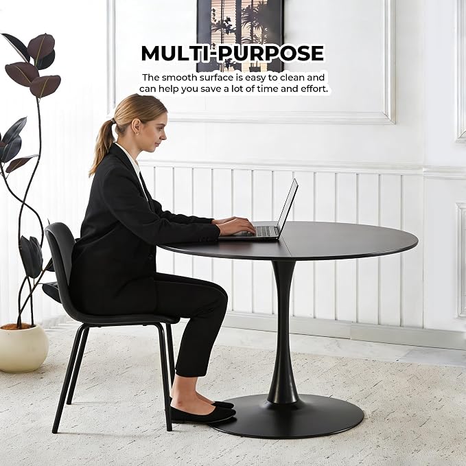 42" Round Black Tulip Dining Table for 4, Modern Pedestal Kitchen Table with Thickened Tabletop, Sturdy Tulip Shape Base, Round Dining Table for Dining Room, Living Room, Cafe