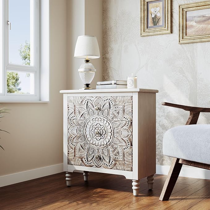 HOMPUS White 3 Drawer Dresser, Farmhouse Nightstand with 3 Drawers, Wood Night Stand with Lotus Carved Pattern, Vintage Nightstand with Storage, Small Chest of Drawers for Bedroom, Living Room, White