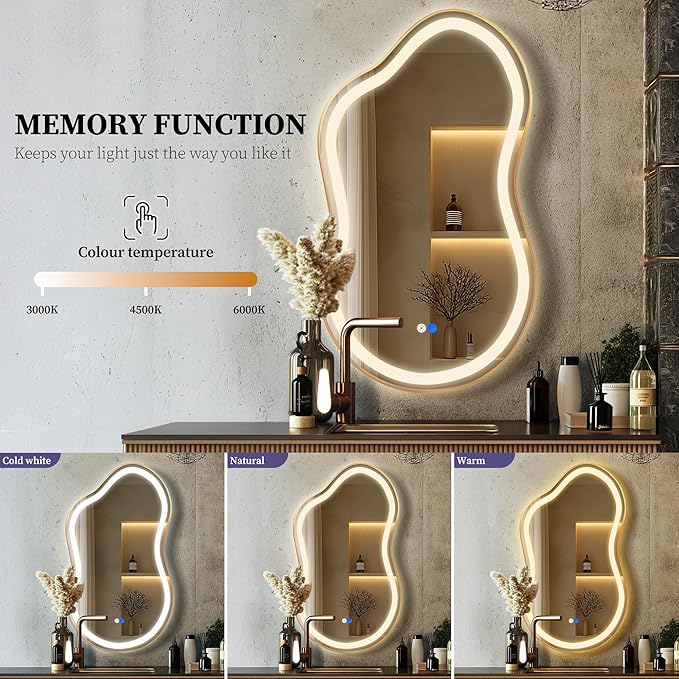 Irregular LED Bathroom Mirror with Lights, Cloud Smart Backlit Mirror, Dimmable Lighted Bathroom Gold Mirror with Anti-Fog, Asymmetrical Vanity Mirror Hangable 2 Ways (Gold, 20 x 36, 2 Pack)