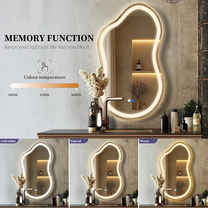 Irregular LED Bathroom Mirror with Lights, Cloud Smart Backlit Mirror, Dimmable Lighted Bathroom Gold Mirror with Anti-Fog, Asymmetrical Vanity Mirror Hangable 2 Ways (Gold, 26 x 46, 1 Pack)