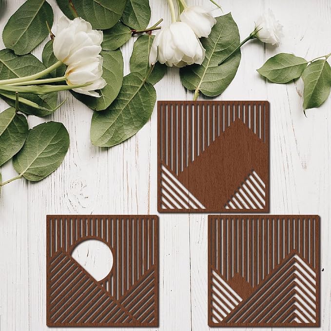 CREATCABIN 3Pcs Wood Line Wall Decor Wooden Geometric Wall Art Decoration Hanging Set Hollowing Out Artwork Modern Mountains Sculpture Laser Cut Wooden Sign Ornament for Home Bedroom 11x11Inch-Coffee