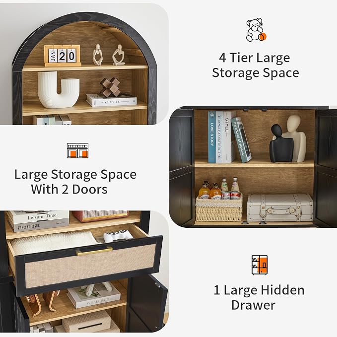 81" Tall Arched Bookcase, 4 Tiers Arch Bookshelf with Doors Storage and Drawer, Modern Farmhouse Book Shelf with Adjustable Shelves, Wood Bookshelf w/Open Display for Living Room, (Black/Natural, 2PC)