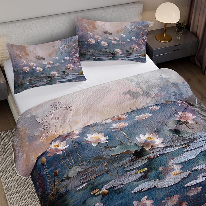AILONEN Full Quilted Comforter 3-Piece Set, Monet Style Floral Bedspread Coverlet with 2 Pillowcases, Soft Romantic Impressionism Bedding for Teens Guest Room Purple Grey Oil Painting