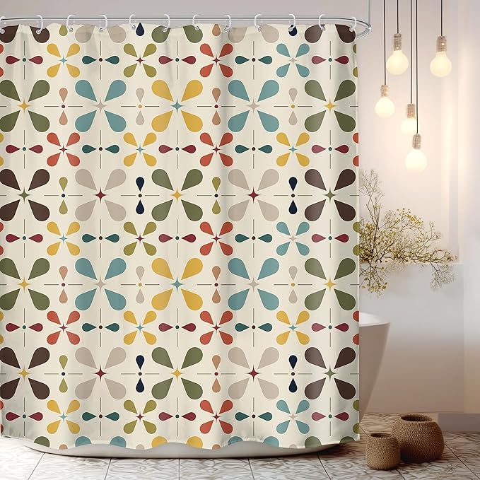 LGhtyro Boho Mid Century Shower Curtain Bathroom Set 60Wx71H Inches Modern Abstract Bohemian Geometric Colourful Retro Vintage Bath Accessories Water Drop Art Home Decor Fabric 12 Pack Hooks