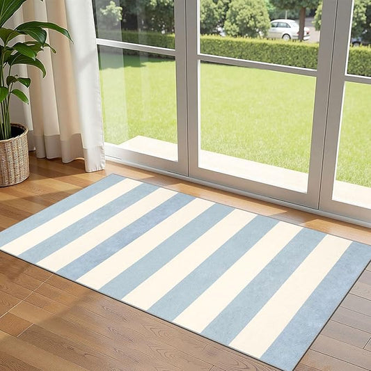 Front Door Mat Indoor Entrance - 2x4.3 Ft Washable Layered Doormat Outdoor Entrance Welcome Mat Front Porch Rug Non-Slip Blue White Striped Runner Rug for Kitchen Bedroom Front Porch Decor