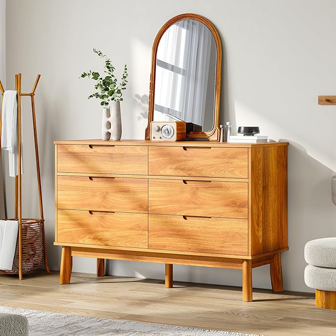 47" Wide Wooden Dresser for Bedroom, Mid-Century Modern 6 Drawer Double Dresser with Walnut Wood Grain, Large Horizontal Storage Chest for Living Room, Anti-Tip Kit, Caramel