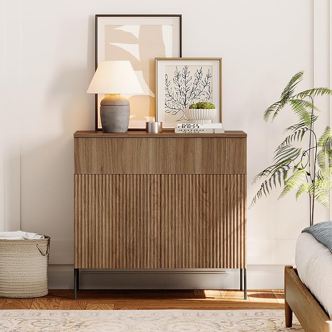 WAMPAT 31.5" Buffet Sideboard Cabinet with Storage, Wood Credenza Console Table with 1 Drawer & 2 Doors, Coffee Bar Cabinet, Wine Bar Storage for Dining Room, Living Room, Light Walnut