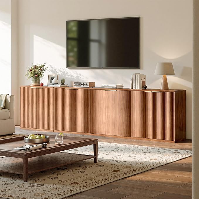 Evermagin 94.5" Walnut Buffet Cabinet with Storage, Large Sideboard Cabinet, Boho Fluted Accent Credenza for Dining Room, Kitchen, and Living Room