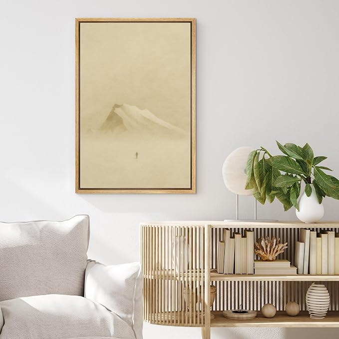 MUDECOR Framed Canvas Print Wall Art Solitary Traveler in Misty Mountains Minimalist Winter Landscape Illustrations Minimalism Decorative Zen for Living Room, Bedroom, Office - 16"x24" NATURAL