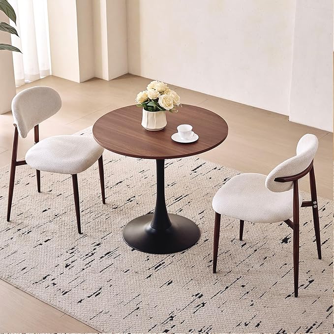 23.6" Round Dining Table for 2-4 Modern Circle Tulip Table with Metal Black Tulip Pedestal Base for Kitchen Dining Living Room Apartment Small Space Cafe, Brown
