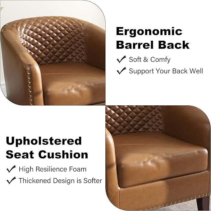 Accent Barrel Chair, Upholstered Faux Leather Club Chair with Nailed Trim, Comfy Reading Armchair for Living Room Bedroom Reception Room Office (Coffee, Set of 4)