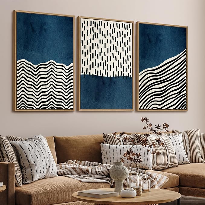 Framed Wall Art Canvas Set Mid Century Boho Picture Modern Abstract Geometric Lines Wall Decor Minimalist Black Indigo Canvas Painting Artwork Living Room Bedroom Home Office 24"x36"x3 Natural