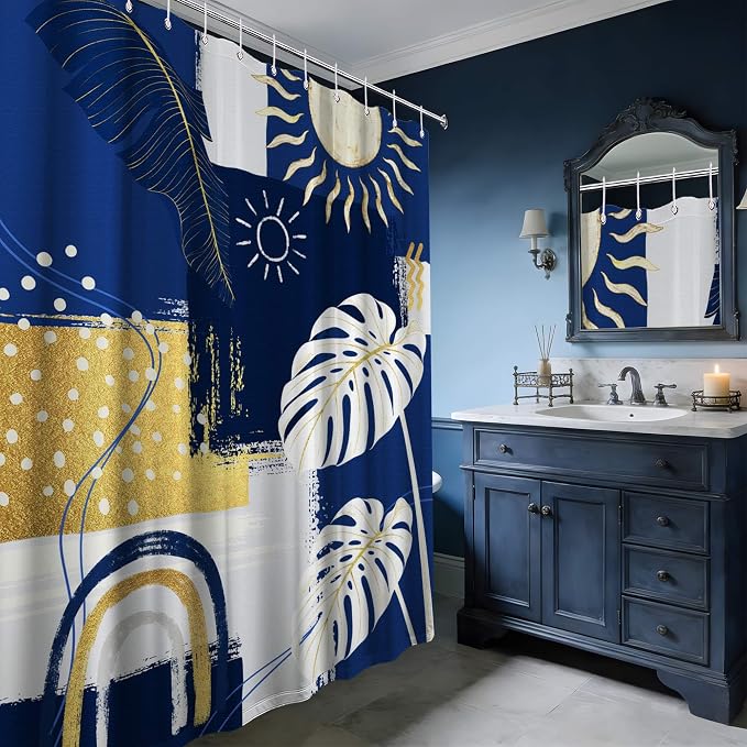 Blue and White Mid Century Modern Shower Curtain Bohemian Abstract Navy Blue and Gold Shower Curtains for Bathroom Decor Sets, Waterproof Cloth Fabric with Hooks, 72x84 Inch