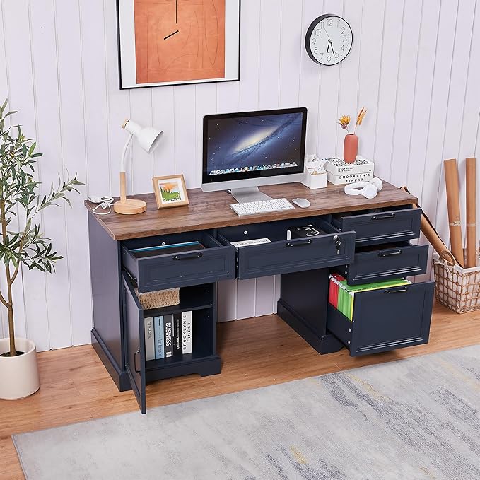60" Farmhouse Executive Desk with Charging Station,Home Office Desk with 4 Drawers & 1 Cabinet&1 File Cabinet,Main Drawer with Lock,Wood Desk for Office and Home