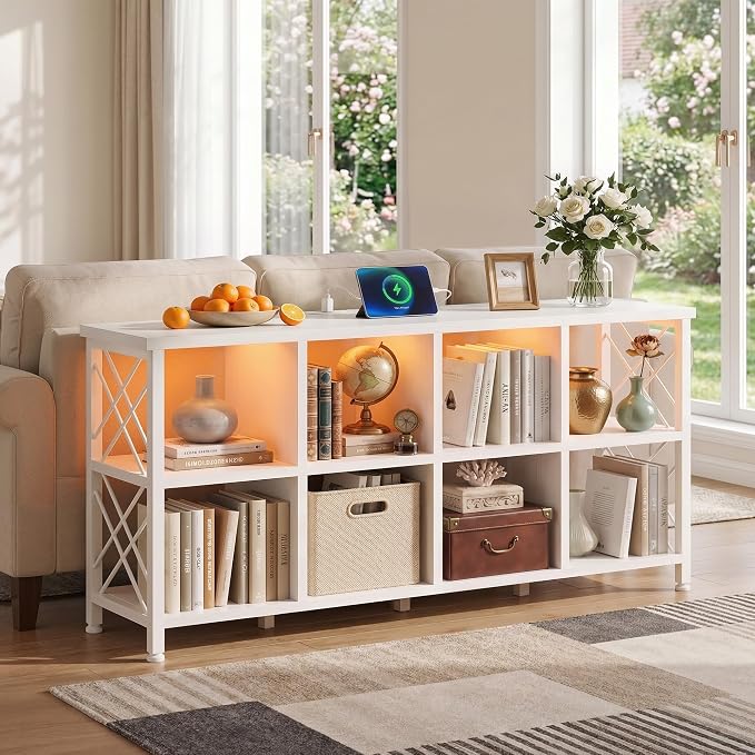 DurayLoly 8 Cube Storage Organizer with LED Light and Charging Station, Wood and Metal Cube Shelf as White Horizontal Book Shelf for Bedroom Home Office