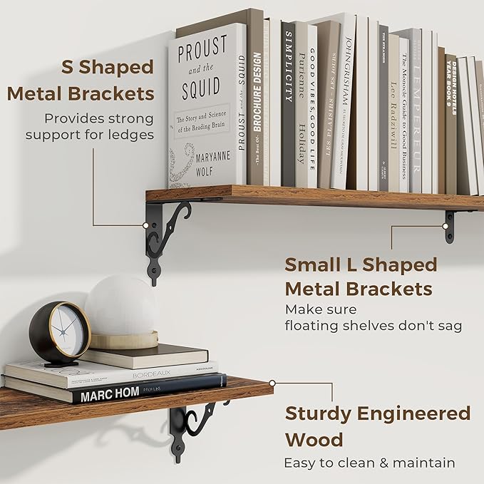 RICHFOCUS Floating Shelves for Wall Decor, 55.1W x 8D Shelf Set of 2, 8 Inch Deep Rustic Wood Shelves Wall Mounted with Brackets, Long Shelves for Living Room Bedroom Kitchen, Rustic Brown