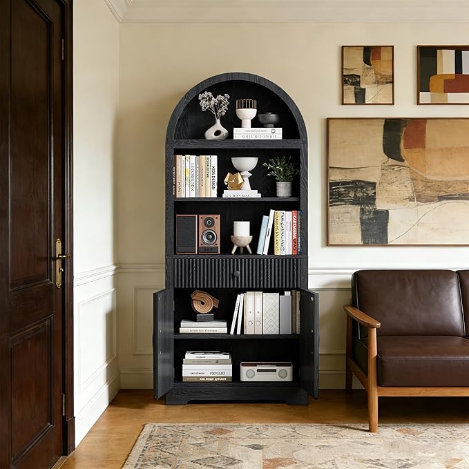 Farmhouse Arched Bookshelf, Mid-Century Modern 5-Tier Curved Cabinet with Door, Wooden Bathroom Storage Cabinet, Kitchen Pantry Cabinet for Living Room, Kitchen，Home Office, Black