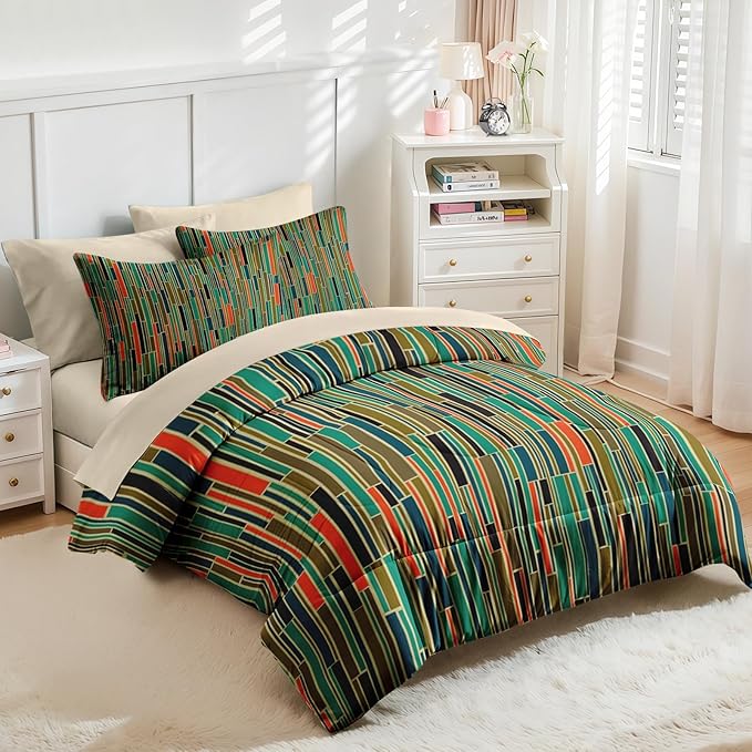 Nesker Comforter Set King Size, Mid Century Geometric Retro 7 Pcs Bedding for Kids and Adults, Stripe 50S Vintage Bed Sheet Sets with Fitted Sheet 2 Pillowcases & 2 Shams