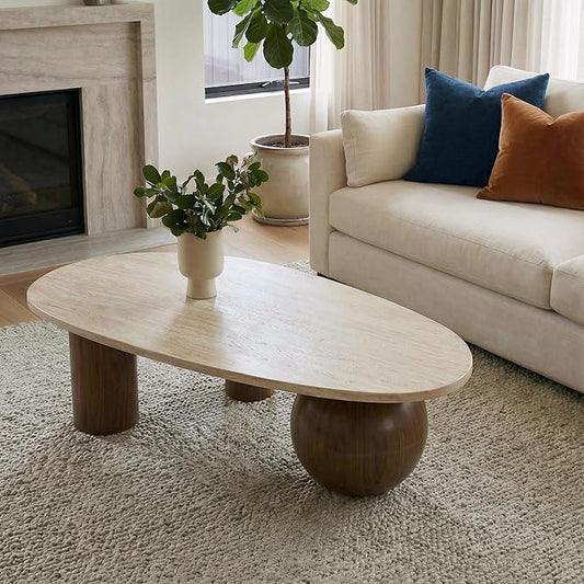 55" Modern Cloud Coffee Table for Living Room, Travertine-Pattern Top Irregular Coffee Table with Walnut Wood Finished Legs, Modern Indoor Accent Center Table for Living Room Bedroom