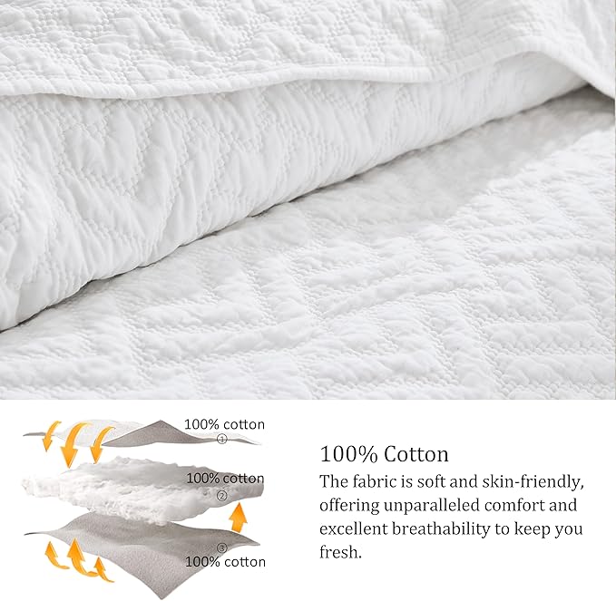 palassio White 100% Cotton Quilt Twin Size Bedding Sets with 1 Pillow Sham, Lightweight Textured Farmhouse Country Bedspread Soft Shabby Chic Patterned Coverlet for All Season, 2 Pieces