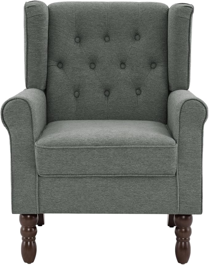 High Back Accent Chairs Set of 2, Upholstered Armchair in Fabric, Retro Wingback Arm Chair for Living Room, Comfy Single Sofa Bedroom Reading Seat with Solid Wood Legs - Dark Gray