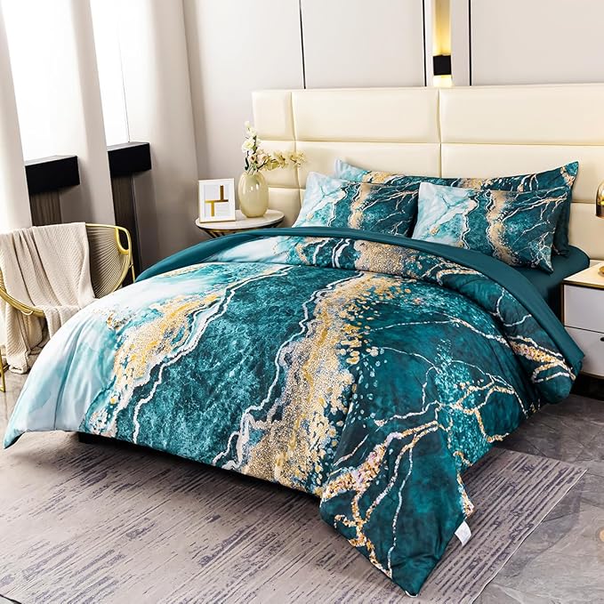 PERFEMET 6-Piece Bed in A Bag Queen Set Aqua Gold Watercolor Marble Comforters with Sheet Soft Luxury Retro Artwork Green Tie Dye Bedding Comforter Set(Aqua, Queen)